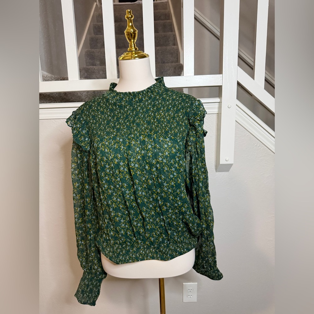 Free People Dark Green Floral Sheer Long-Sleeve Blouse - Picture 3 of 11
